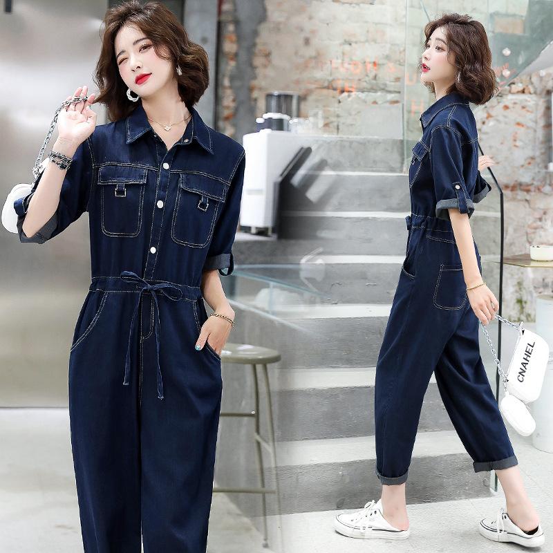 

Джинсовый комбинезон женский летний новый европейский модный дизайн темпераментный приталенный и стройнящий брюки тренд XXL джинсовый синий