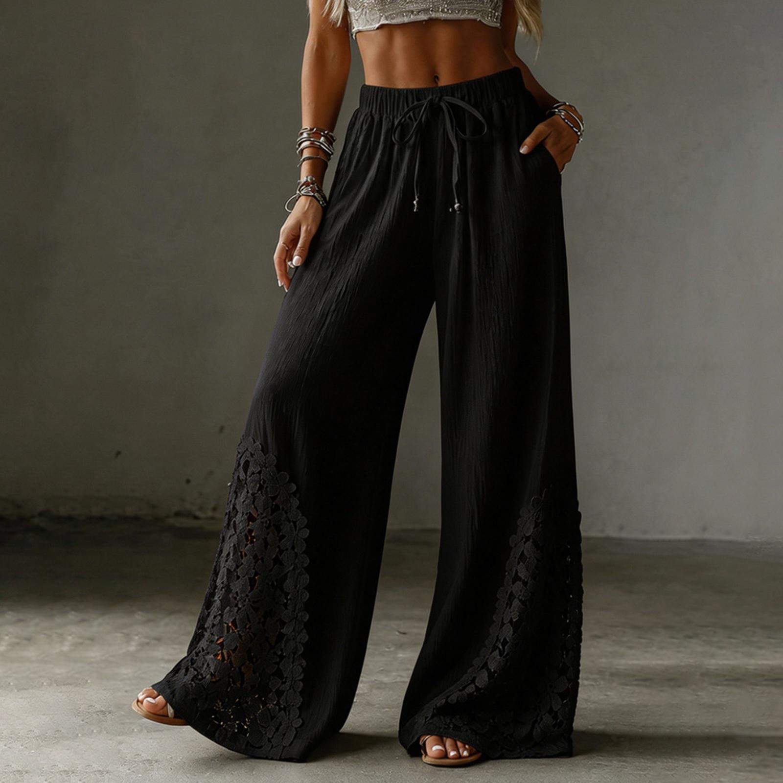 Women s Color Wide Leg Pants with Lace Pockets - Casual Loose Fit Drawstring Elastic Waist Trousers L