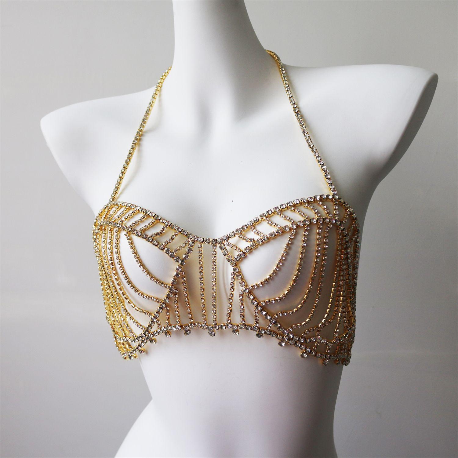 Xqwewanticedd Women's Gold European And American Hollow Bras, Nightclub Multi-Layer Fringed Rhinestone Bra Chains, Sexy Wear Jewelry Accessories