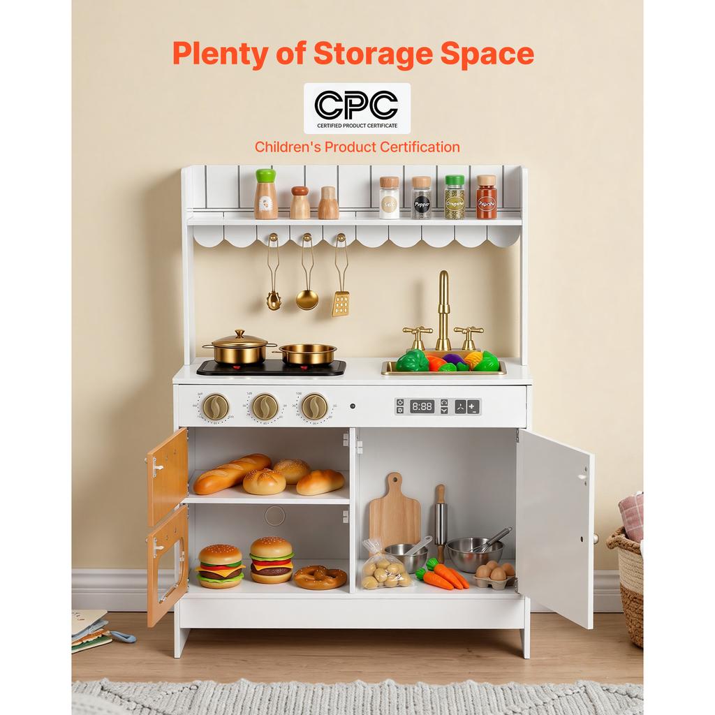 SucceBuy Wooden Kids Kitchen Playset with Lights Sounds & Cookware Accessories Pretend Play Kitchen Toy Set for Toddlers Girls