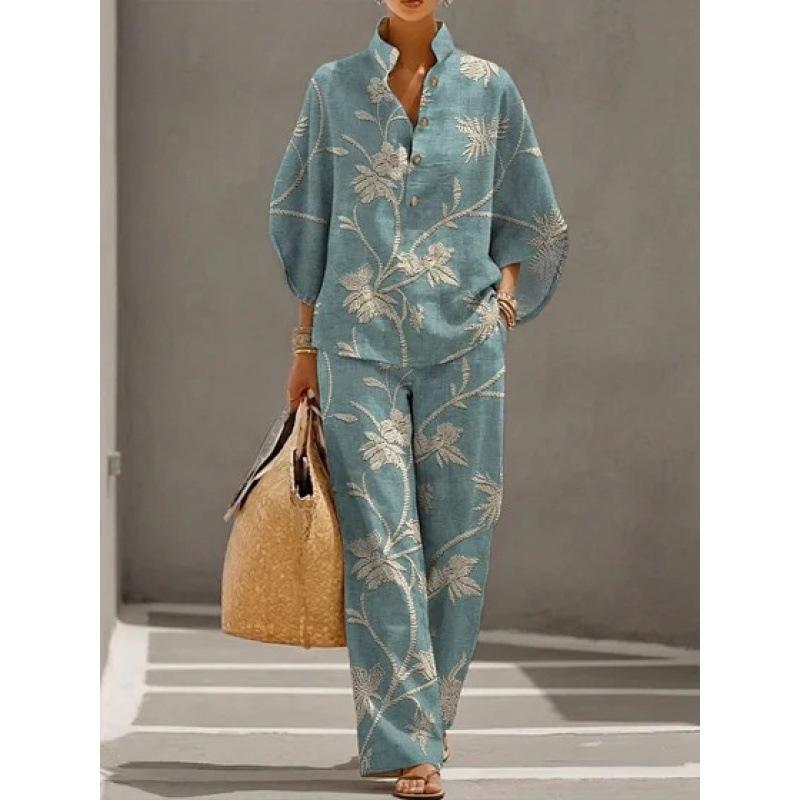 European and American Vintage Heavy Industry Floral Print Two-piece Set: Stand-collar Polo Shirt + Wide-leg Pants Loose Casual Vacation Set