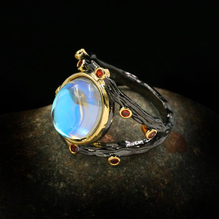 2026 European and American Exaggerated Creative Abstract Art Line Winding Moonstone Ring Necklace Earrings Black Gold Three-piece Set