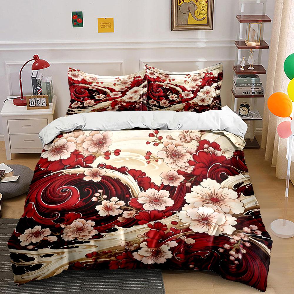 Cherry Blossom Wave Design Bedding Duvet Cover Set (1*Duvet Cover 2*Pillowcases, Without Duvet Insert)