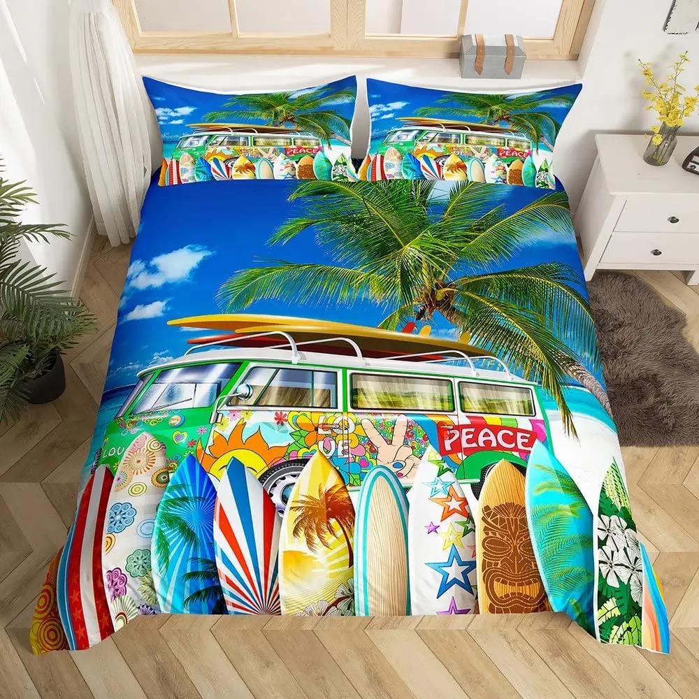 Surf Duvet Cover Set Retro Posters Group Summer Vacation Theme Water Sports California Beach Surfboard Wood Board Bedding Sets