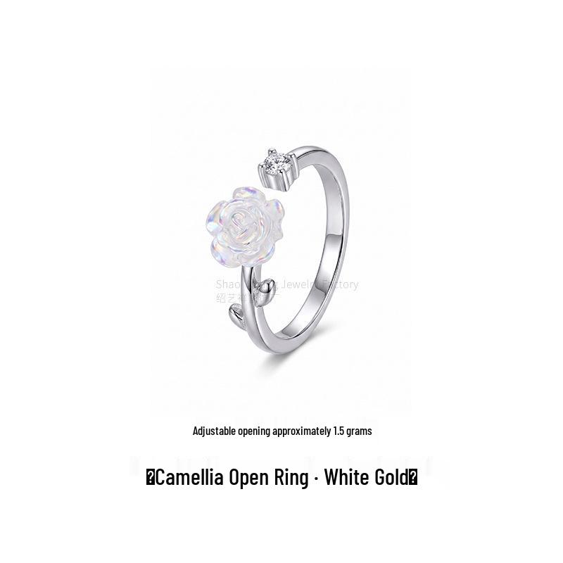Camellia Rose Diamond Open Ring: Transparent Floral Design for Index Finger, Light Luxury Feel