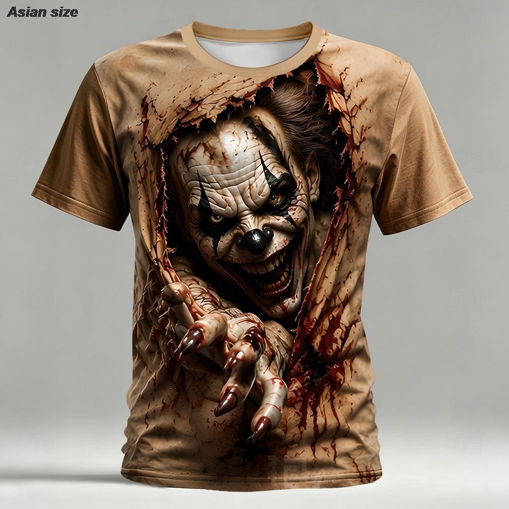 Halloween Męska Koszulka 3D z Iluzją Optyczną Straszny Klaun Krótki Rękaw Okrągły Dekolt Koszulka Horror Klub Impreza Streetwear