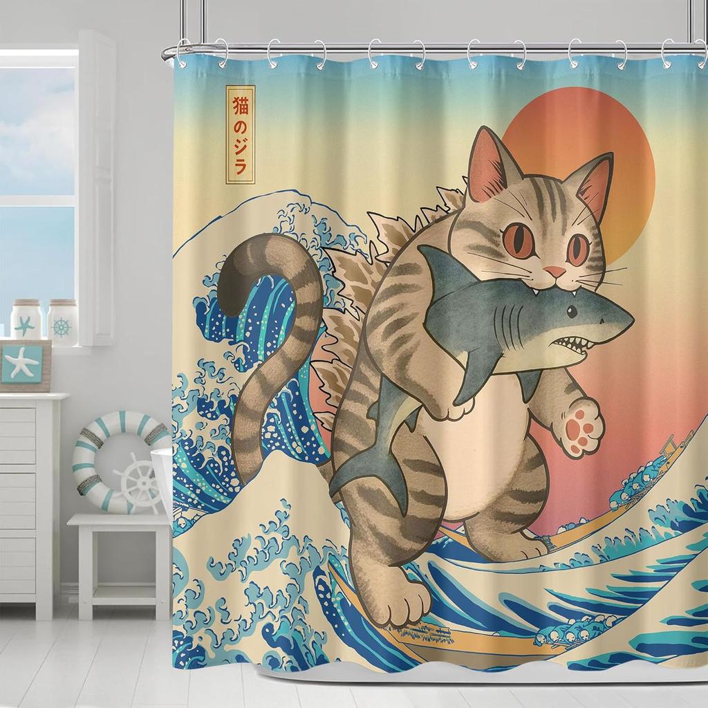 Funny Japanese Cat Shower Curtain Cute Fun Cool Cat Monster Shark Shower Curtains For Bathroom Vintage Ocean Waves Anime Kids