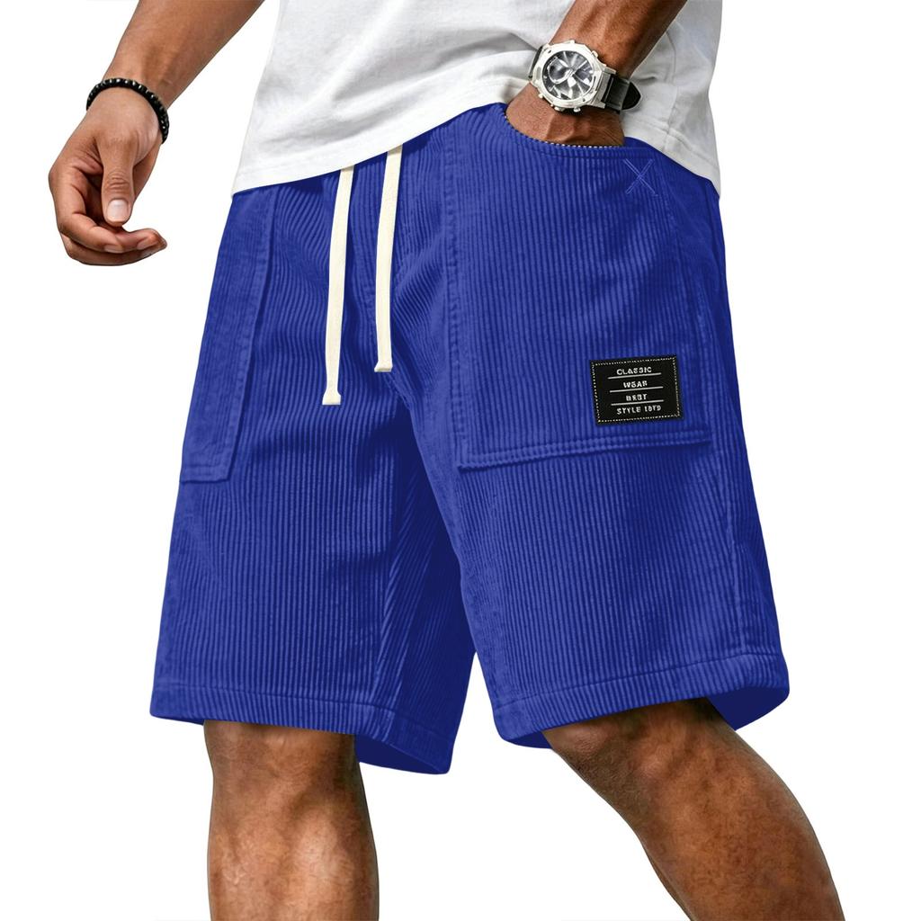 Men's Casual Corduroy Drawstring Shorts with Front Patch Pockets and Elastic Waistband Suitable for Everyday Wear and Outdoor Activities