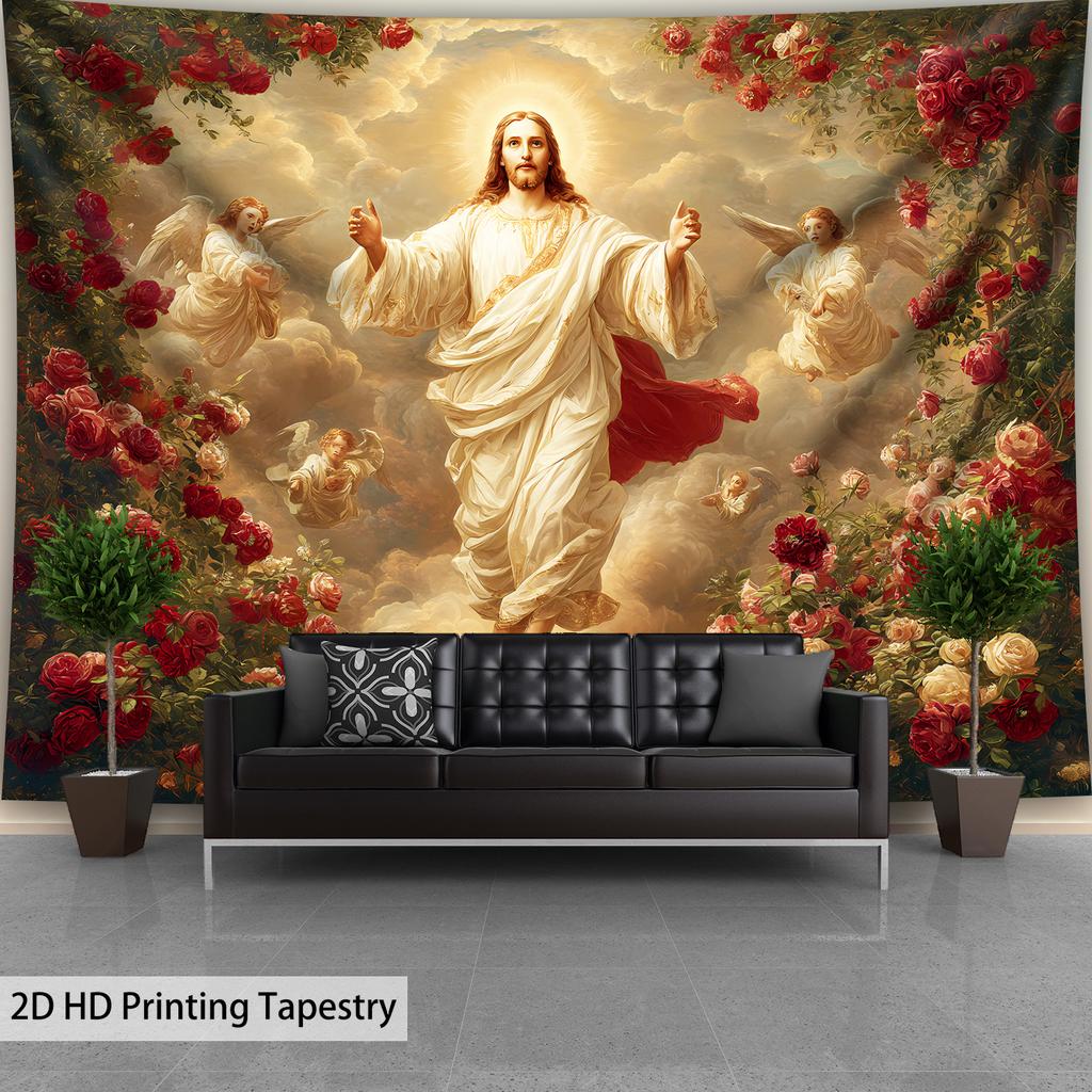 Jesus Christ Angel Tapestry Wall Hanging Divine Glory Renaissance Flower Roses Christian Bedroom Decor Tapestry Art