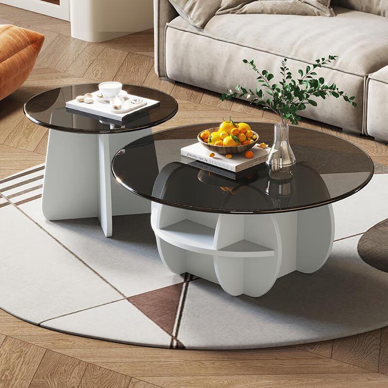 Minimalist Round Wood & Glass Coffee Table Set