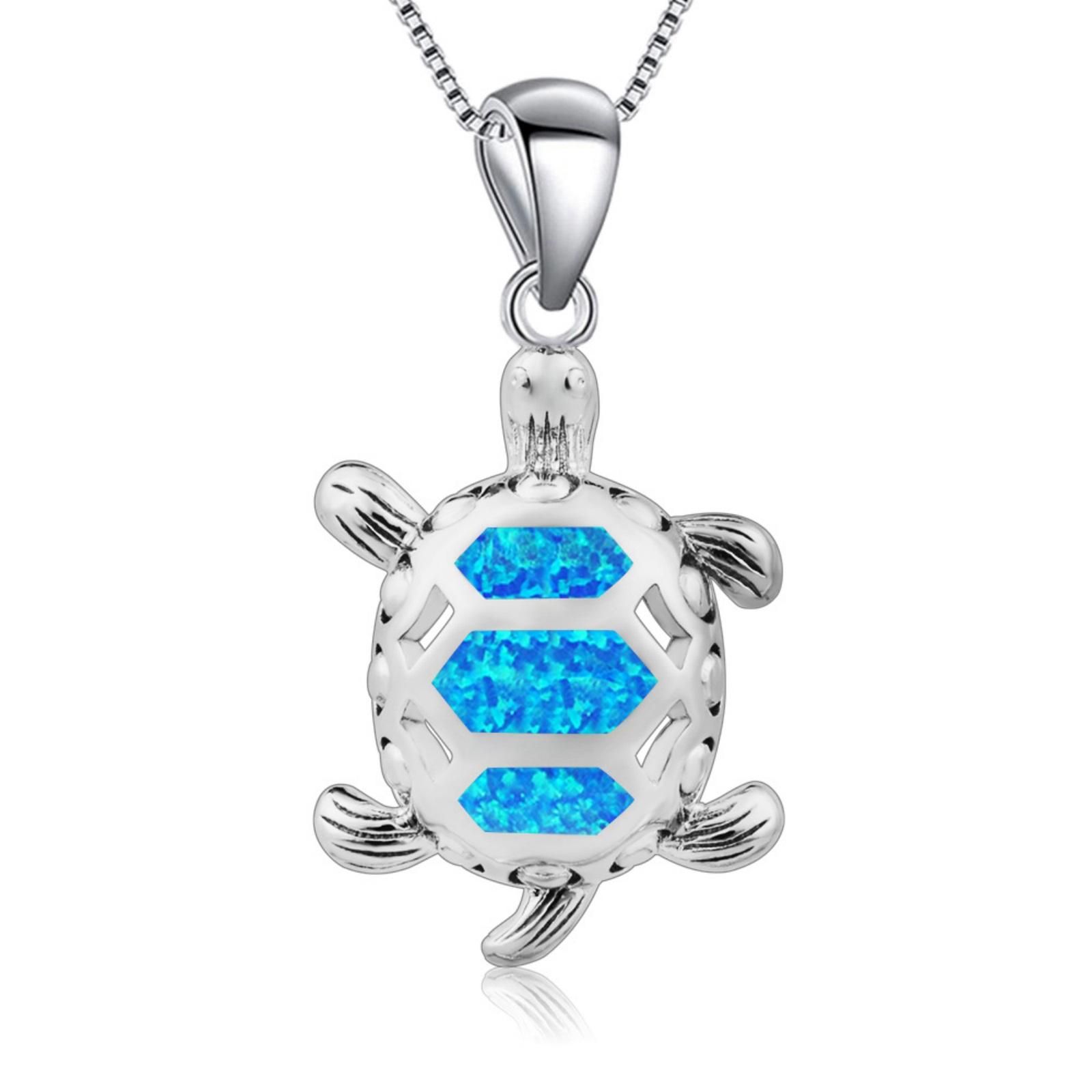 Women s Marine Turtle Opal Pendant Necklace with Sweater Chain Silver Plated Copper Alloy Blue Fire Opal Inlaid Coastal Design 19.0in & above&Fashion