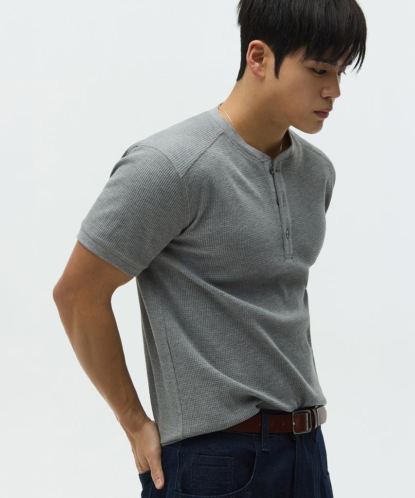 Michikoleondeonseupocheu [2Pack] Waffle Henley Neck Muscle Fit Short Sleeve T-Shirt