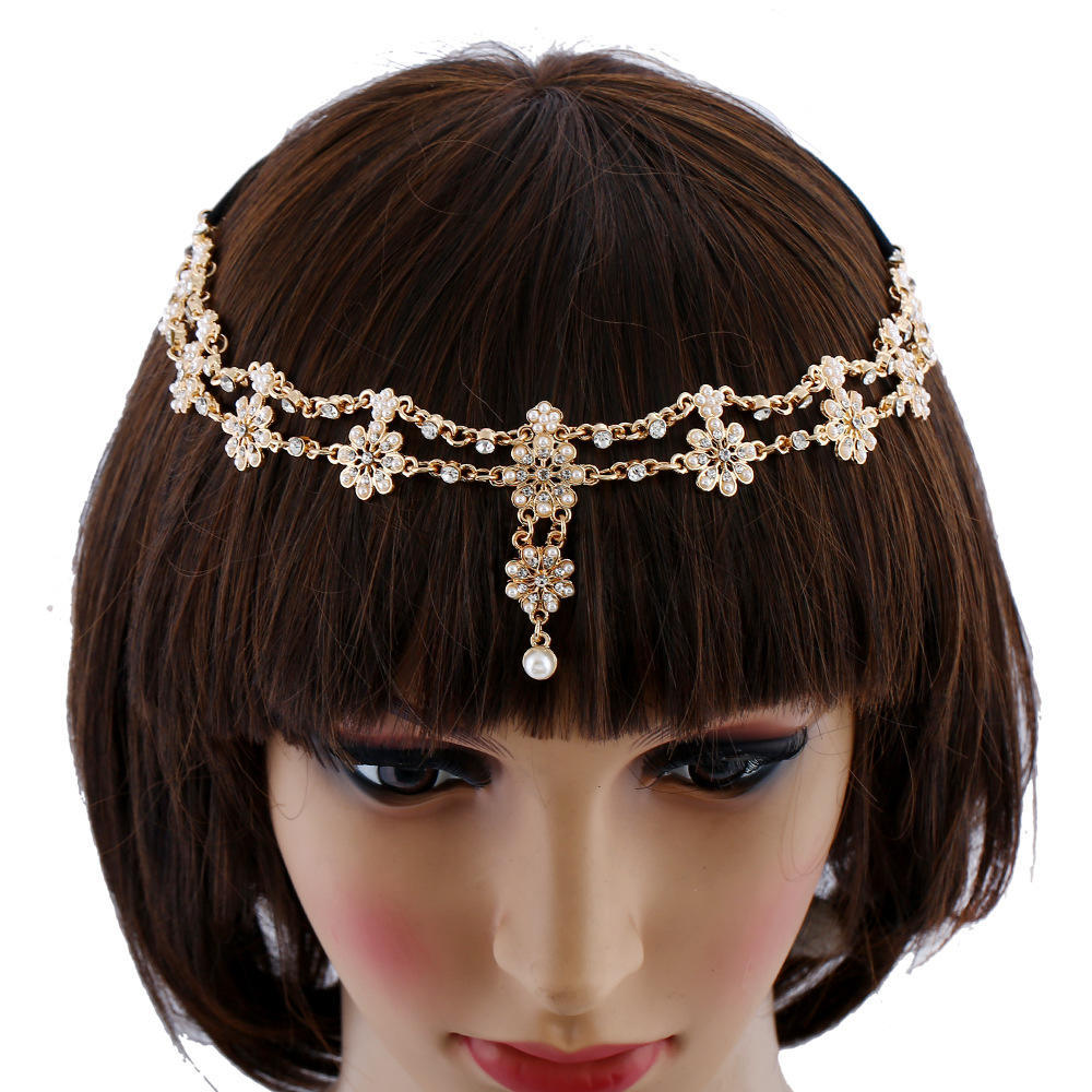European And American Fashion Personality Pearl Flower Elastic Fringed Headband Headband, Female