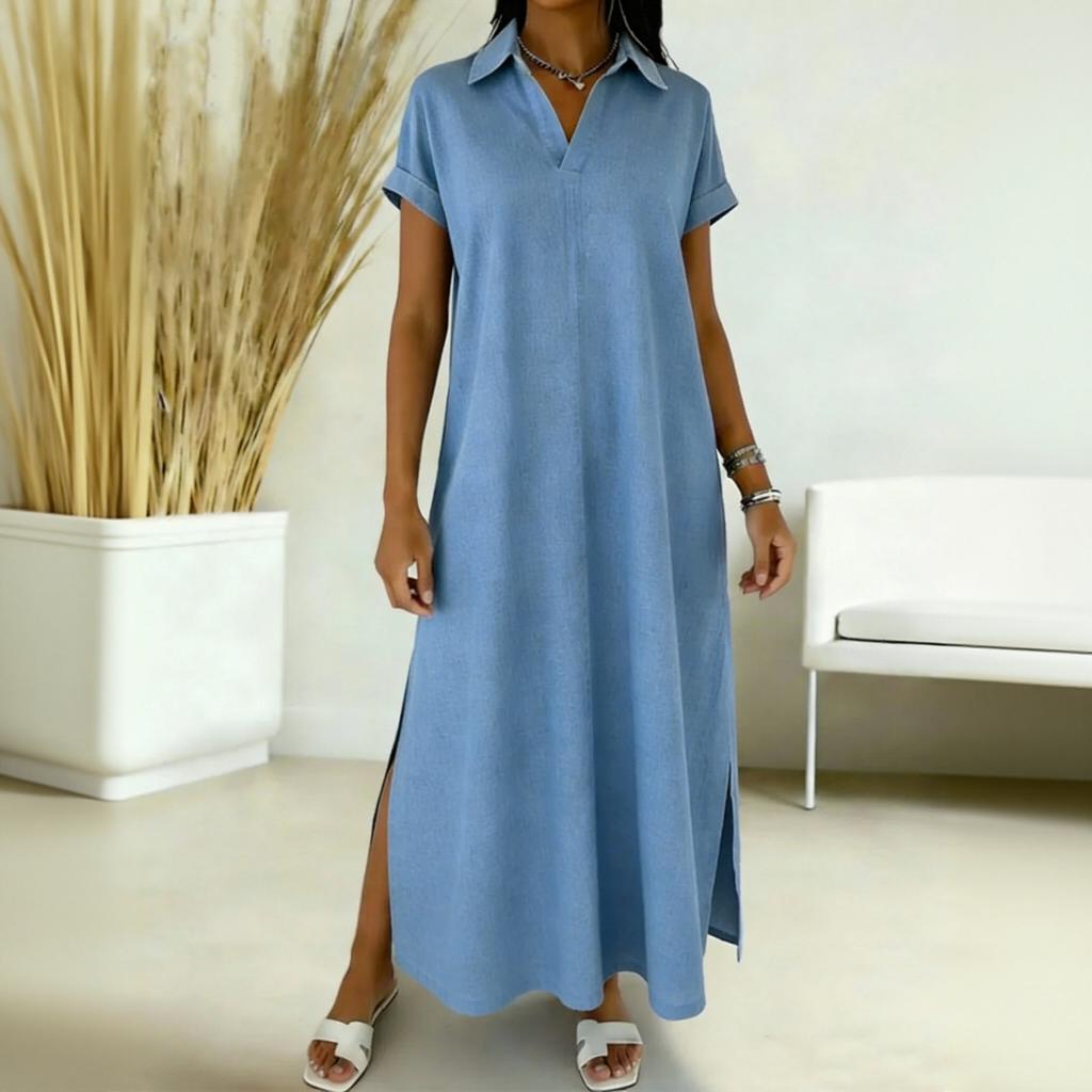 Women's Round-neck Short-sleeved -color Mid-length Loose-fitting Dress With Large Pockets And Casual