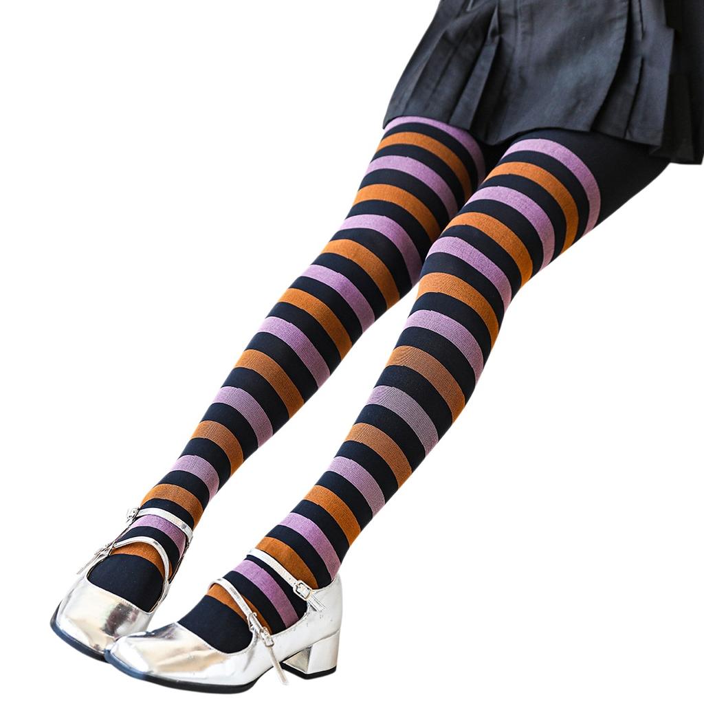 Damen 50D Nylon Blickdichte Strumpfhose mit breiten Streifen, für Erwachsene, Halloween, Horizontale bunte Streifen, Strumpfhose für Cosplay und tägliches Tragen