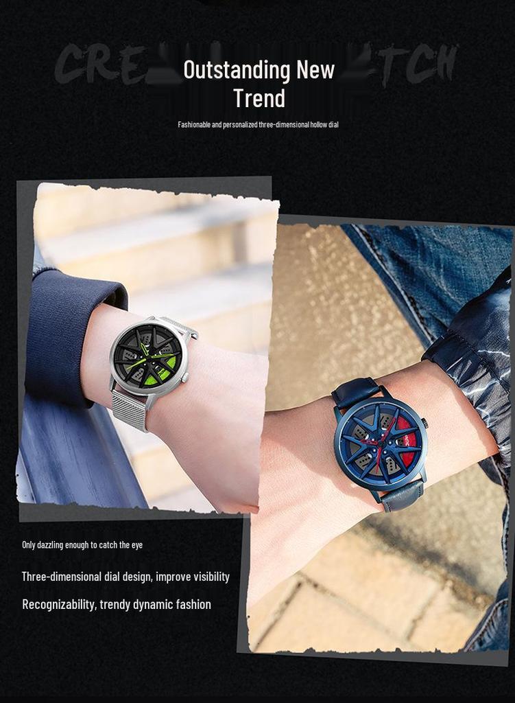 Classic Men's Quartz Watch - Car Wheel Style, Steel Band, Trendy & Casual