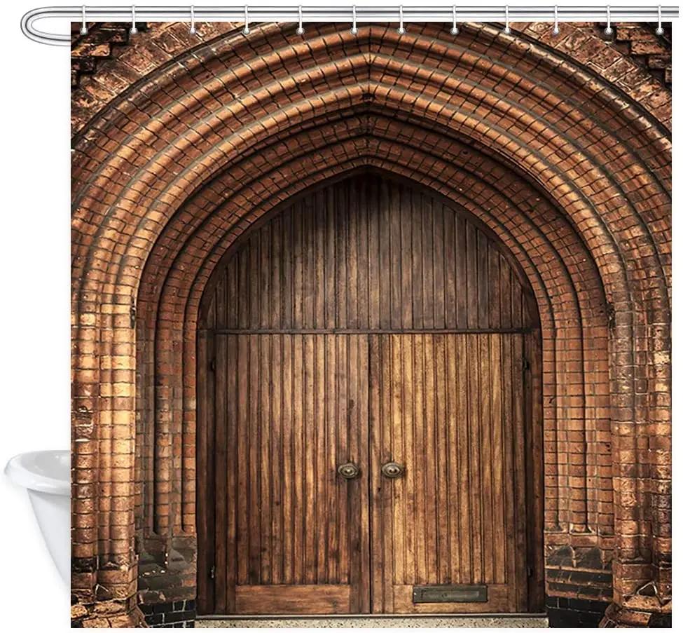 

Door Decor Shower Curtain for Bathroom Brick Archway and Wooden Door of A Church Bathroom Curtain Polyester Fabric Bath Curtains W90XH180cm