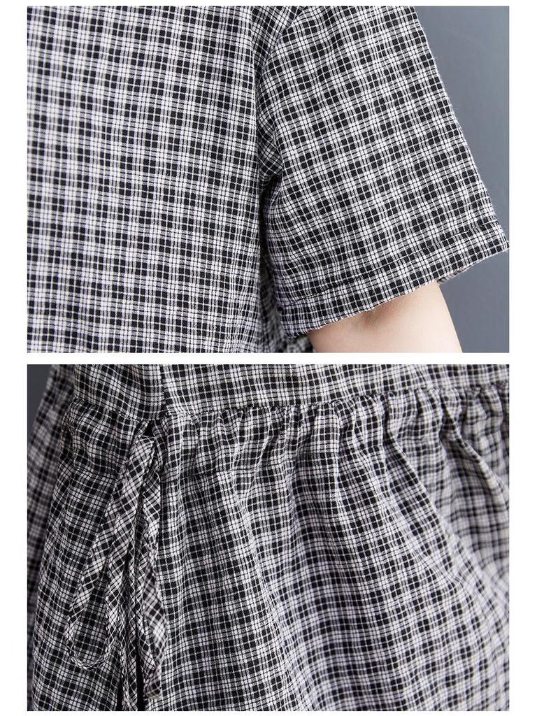 2022 Summer Korean Plus Size Plaid Waist-Gathering A-Line Dress