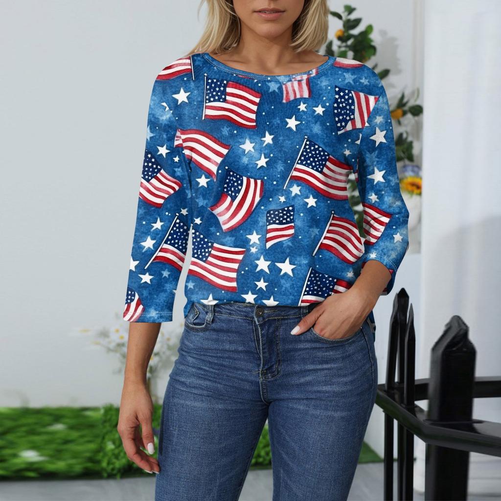 Women's Fashion Casual 3/4 Sleeve Independence Day Printed Round Neck Pullover Top