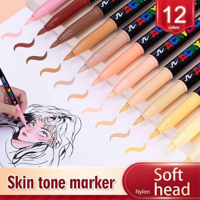 12 stuks Huidskleur Acryl Markers Set Zachte Punt Penseel Mengbare Kleuren voor Kunst Schilderen Tekenen Manga Schets, Rotsen Stof