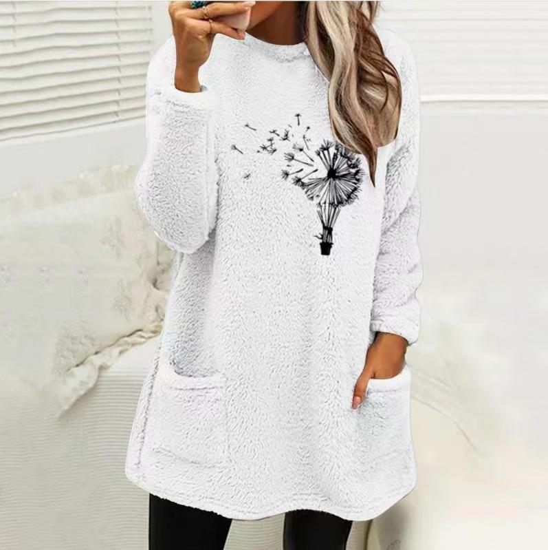 Women's Loose Fit Crew Neck Tunic Sweatshirt Long Sleeve Double Fleece Pullover Top Dandelion Floral Print Casual Fall Sweater With Side Pockets