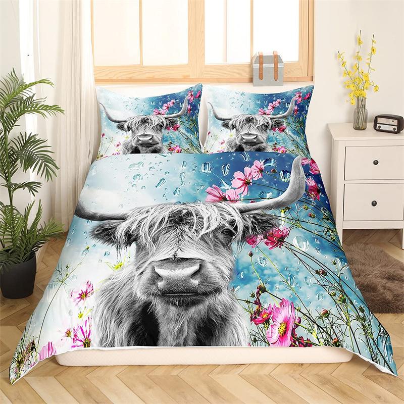 Highland Cow Duvet Cover Western Farm Animal Bedding Set Full King For Boys Girls Microfiber Floral Bull Cattle Comforter Cover