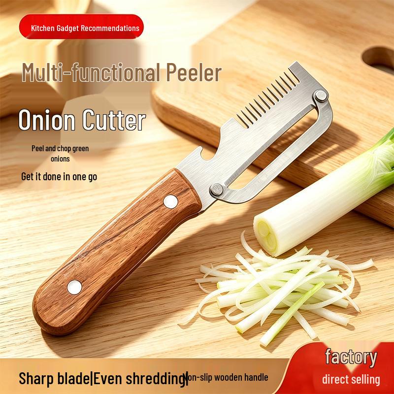 3-in-1 Stainless Steel Onion Slicer & Peeler with Wooden Handle
