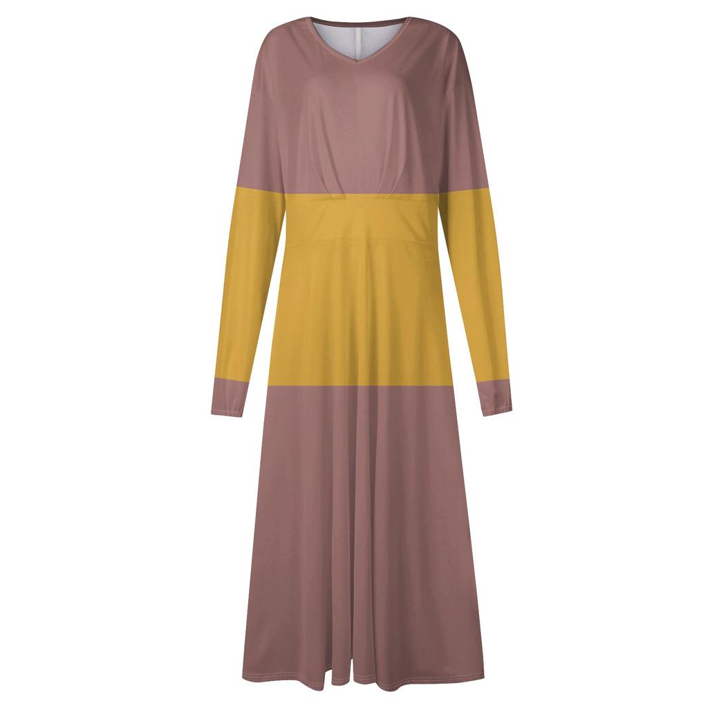 Women's And Winter Casual Fashion V-neck Long Sleeve Print Long Dress