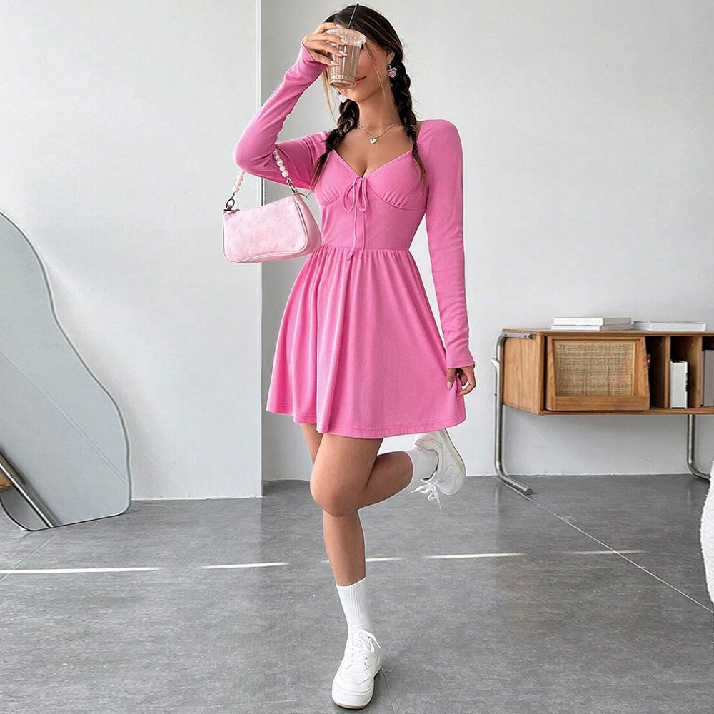 JKASHDK Mote for kvinner Vår Høst Ensfarvet Trykk Langermet Høy midje Hverdagskjoler