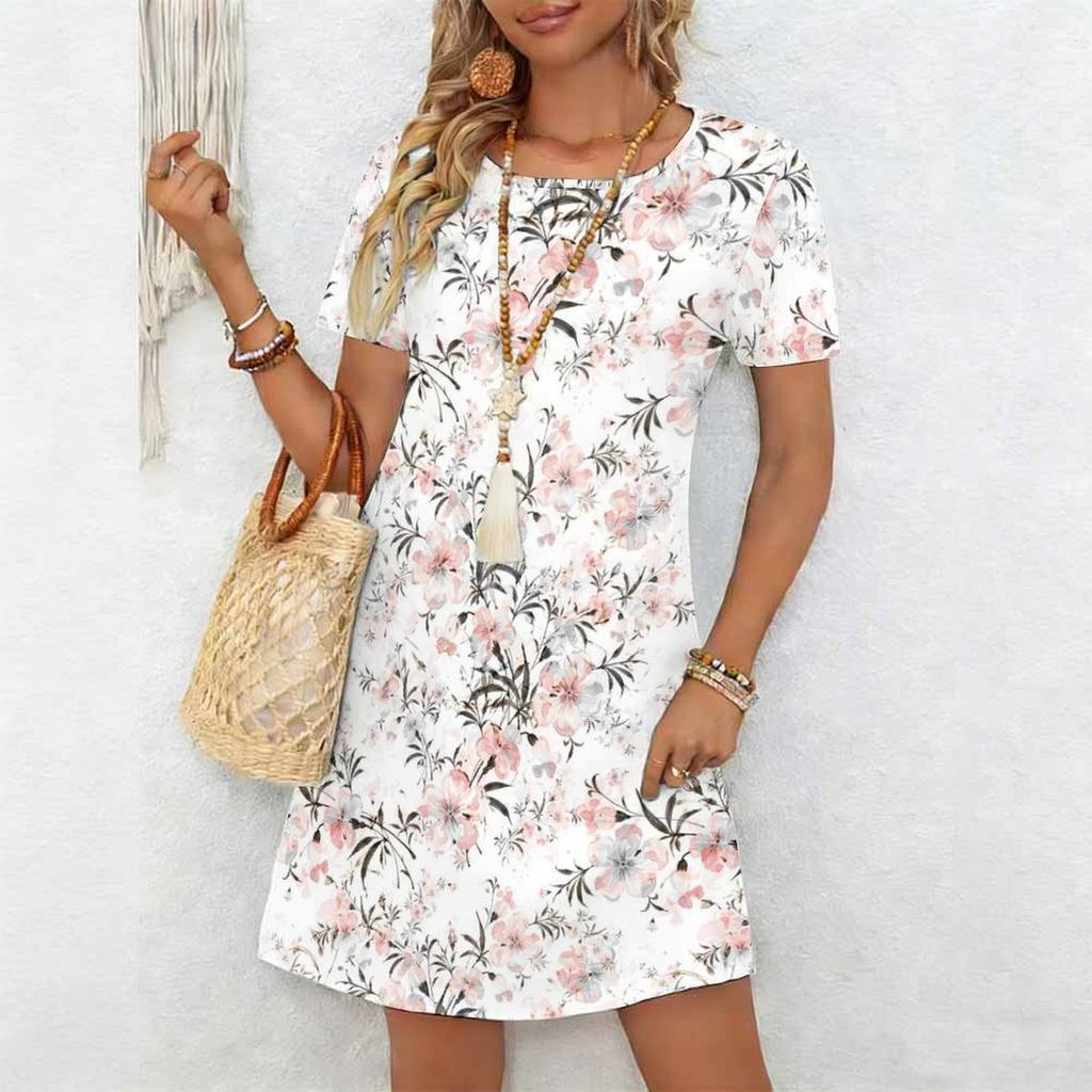 Women's Fashion Graceful Beautiful  Flower Print Summer Spring Short Sleeve O-Neck Casual Dresses