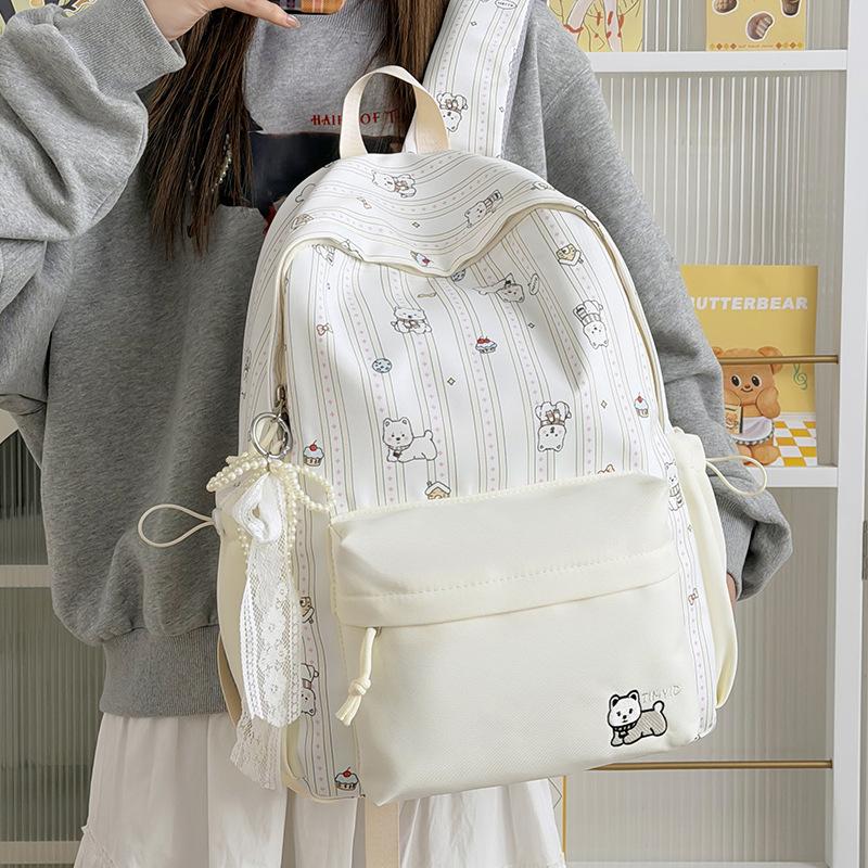 Schoolbag Female Japanese Small Fresh Sweet Printed Bear Striped Backpack Junior High School Student Lightweight Large Capacity Backpack