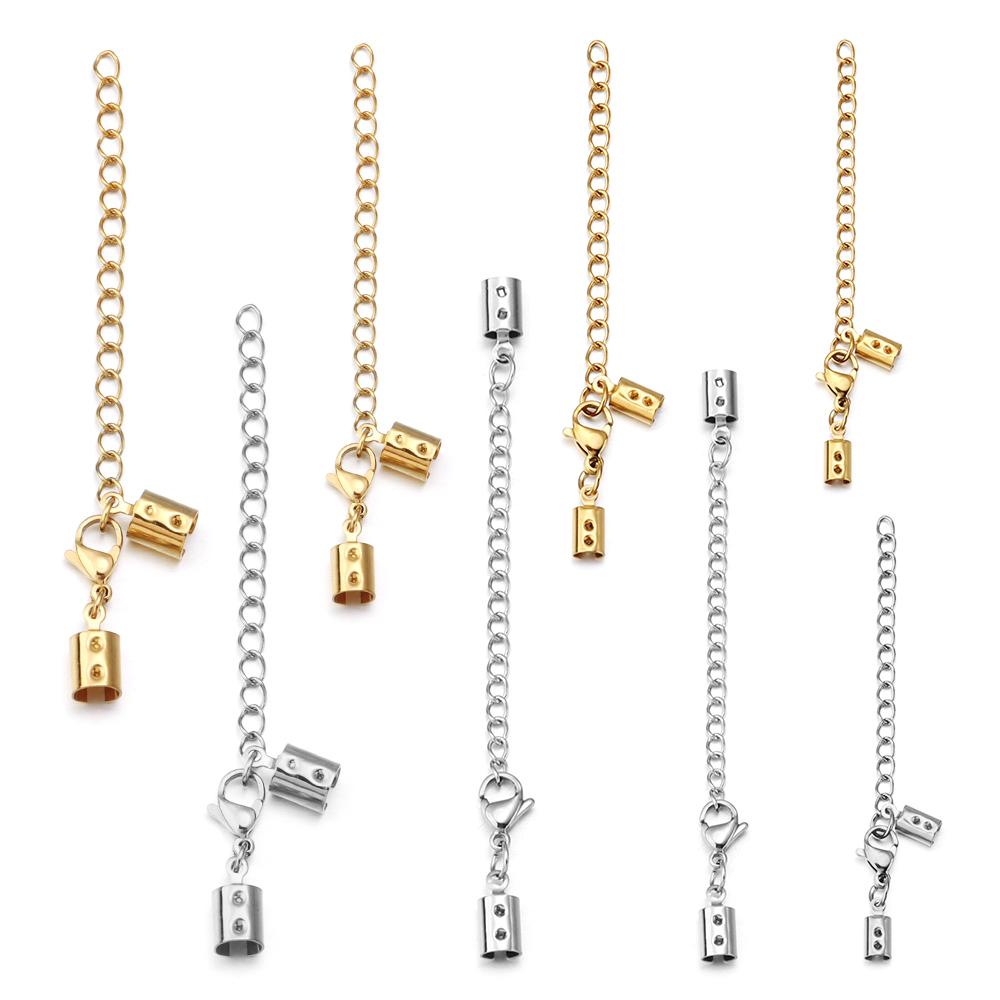 5sets Stainless Steel Leather Cord Clips End Caps With Lobster Clasp Extension Chain Connectors For DIY Jewelry Making Findings