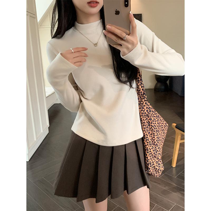 White Basic Brushed Thickened Half-high Collar Long-sleeved Bottoming Shirt for Women In Autumn and Winter, Slim-fitting Top for Small People