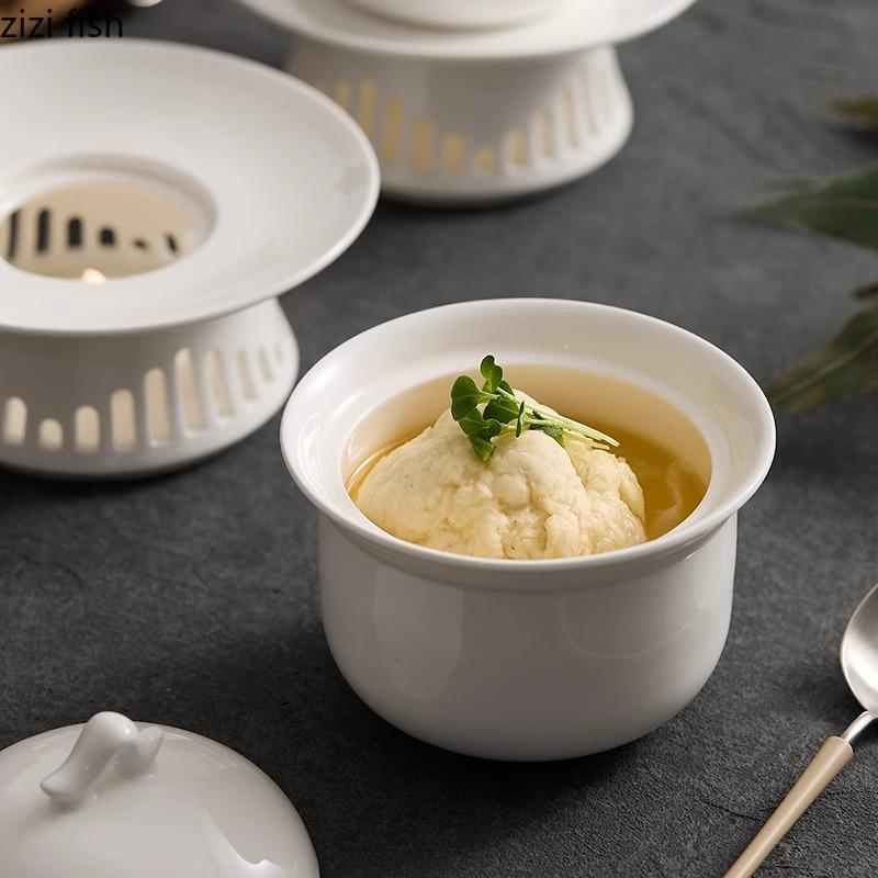 Pure White Ceramic Bowl with Heating Stove Set Creative Dessert Bowl Soup Bowl Steamed Egg Bowls Restaurant Molecular Tableware