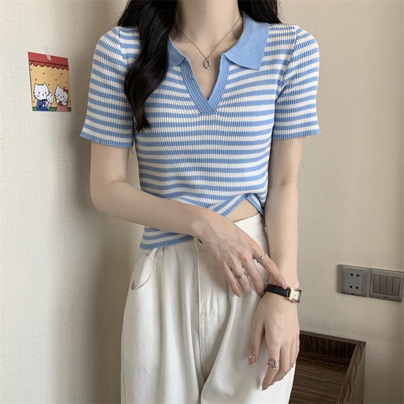 

Полосатые женские летние тонкие короткие рукава с высокой талией и открытым пупком, дизайн Sense Niche, трикотажные топы, повседневные, облегающие, свитера, футболки One size синий