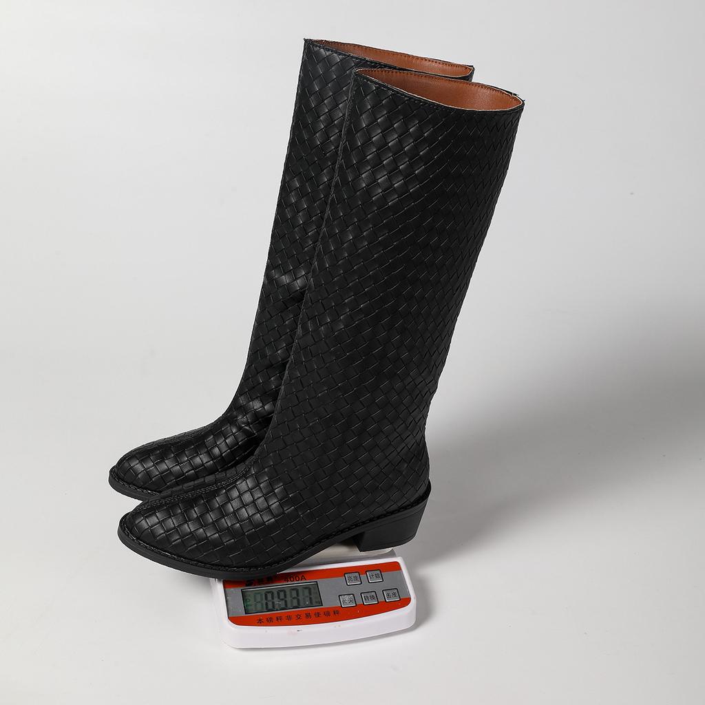 Fashion Woven Low Heel But Knee Boots Women's New European and American Pointed Sleeve Thick Heel Fashion Boots Women's Boots