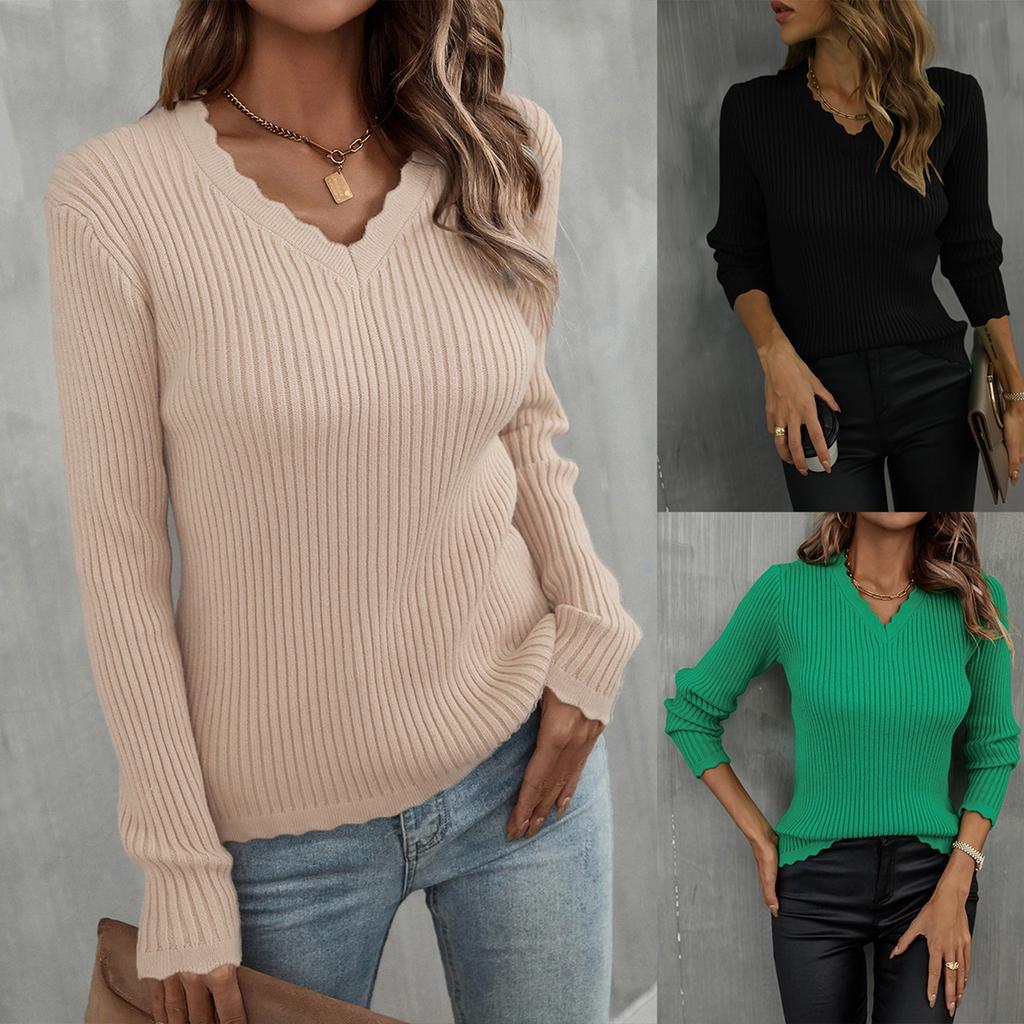 Ladies Fashion Sweater Solid Color V-Neck Lace Slim Fit Knitted Bottoming Shirt