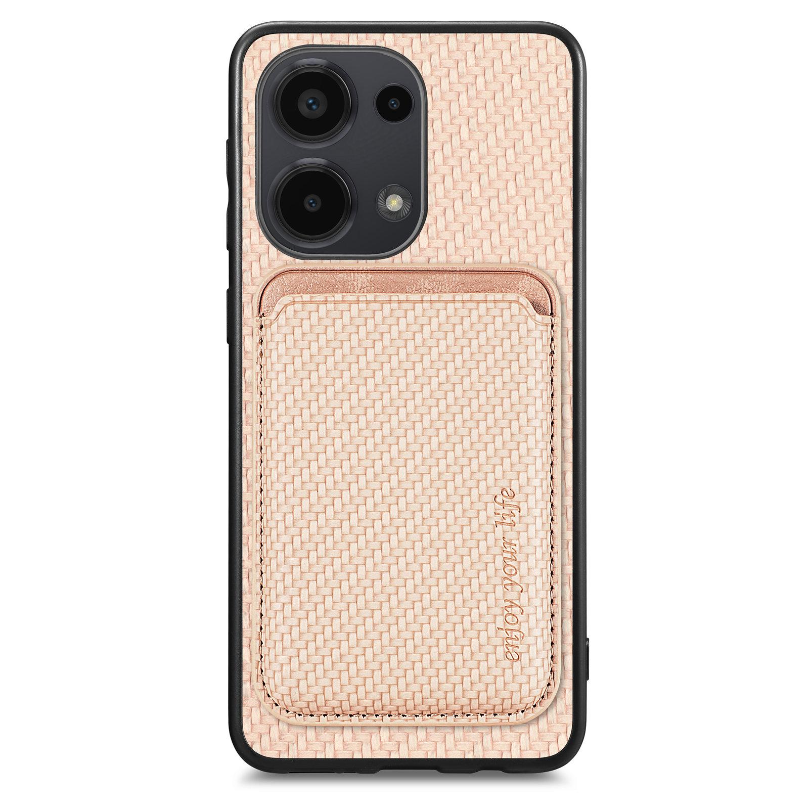 

For Xiaomi Poco M6 Pro 4G/Redmi Note 13 Pro 4G Case Carbon Fiber Leather Back Cover with Detachable Magnetic Card Bag Khaki