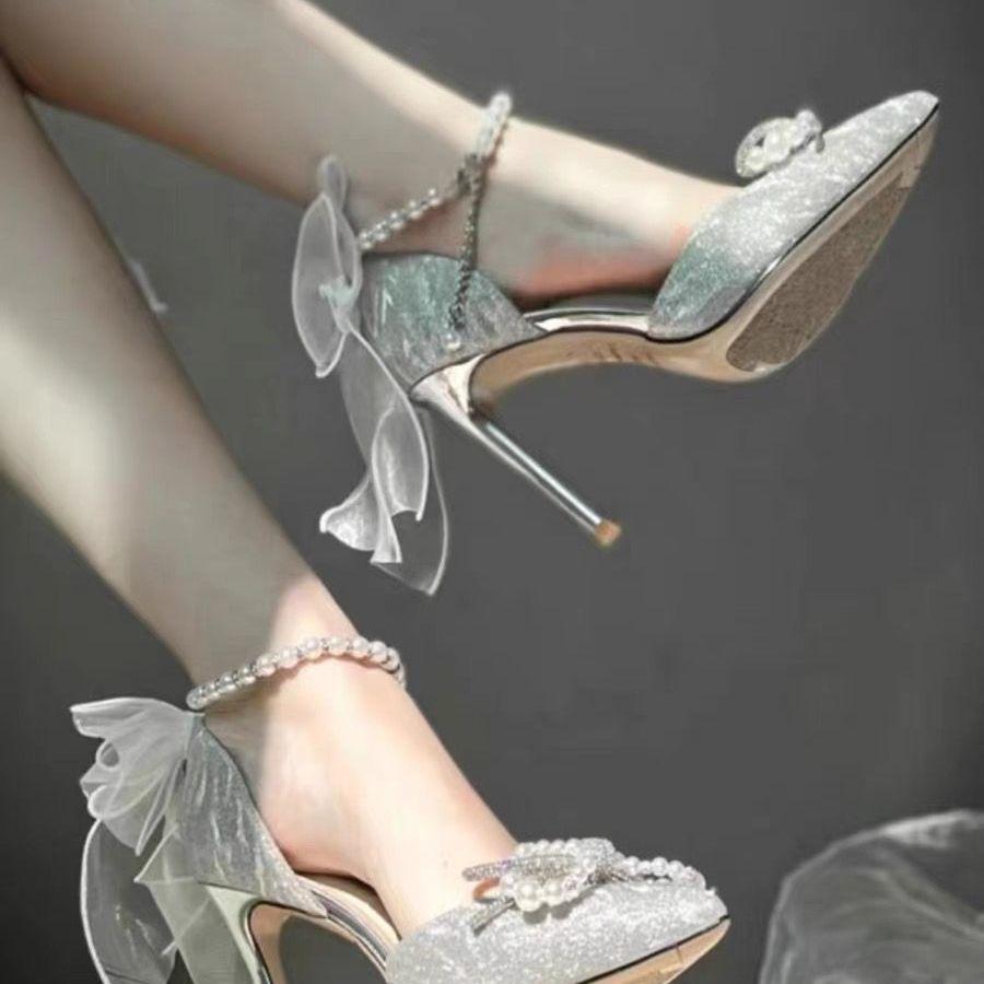 Bridesmaids stiletto wedding shoes bride shoes silver high heels new crystal pearl year old adult dress officiating wedding