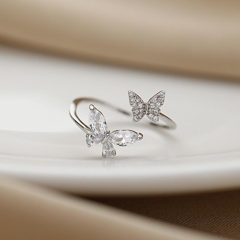 New Fashion 925 Silver Fine Double Butterfly Zircon Adjustable Rings Women&Girl Jewelry Rhinestone wishbone Finger Ring