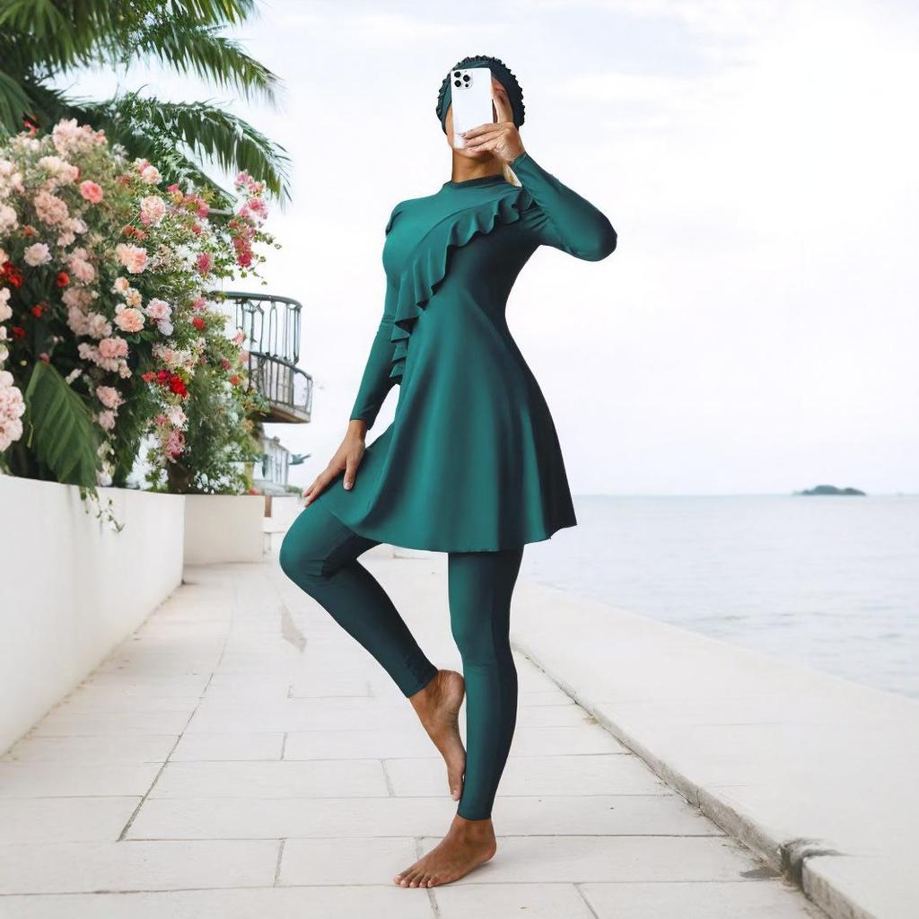 Plus Size Conservative Burkini: Long Sleeve, Swim Skirt & Long Shorts Set
