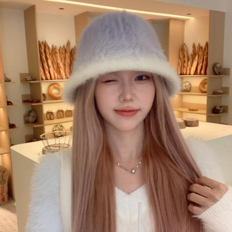 New autumn and winter high-end tie-dye rabbit hair contrasting color hair bucket hat women's outdoor travel fashion basin hat