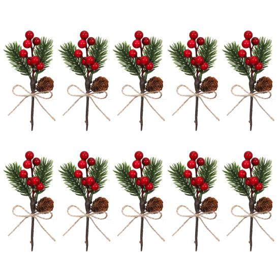 10 Pcs Artificial Pine Needles Branches with Red Berry Mini Pinecone Picks for Gift Wrapping Crafts Holiday Wreath Christmas Tree Decor