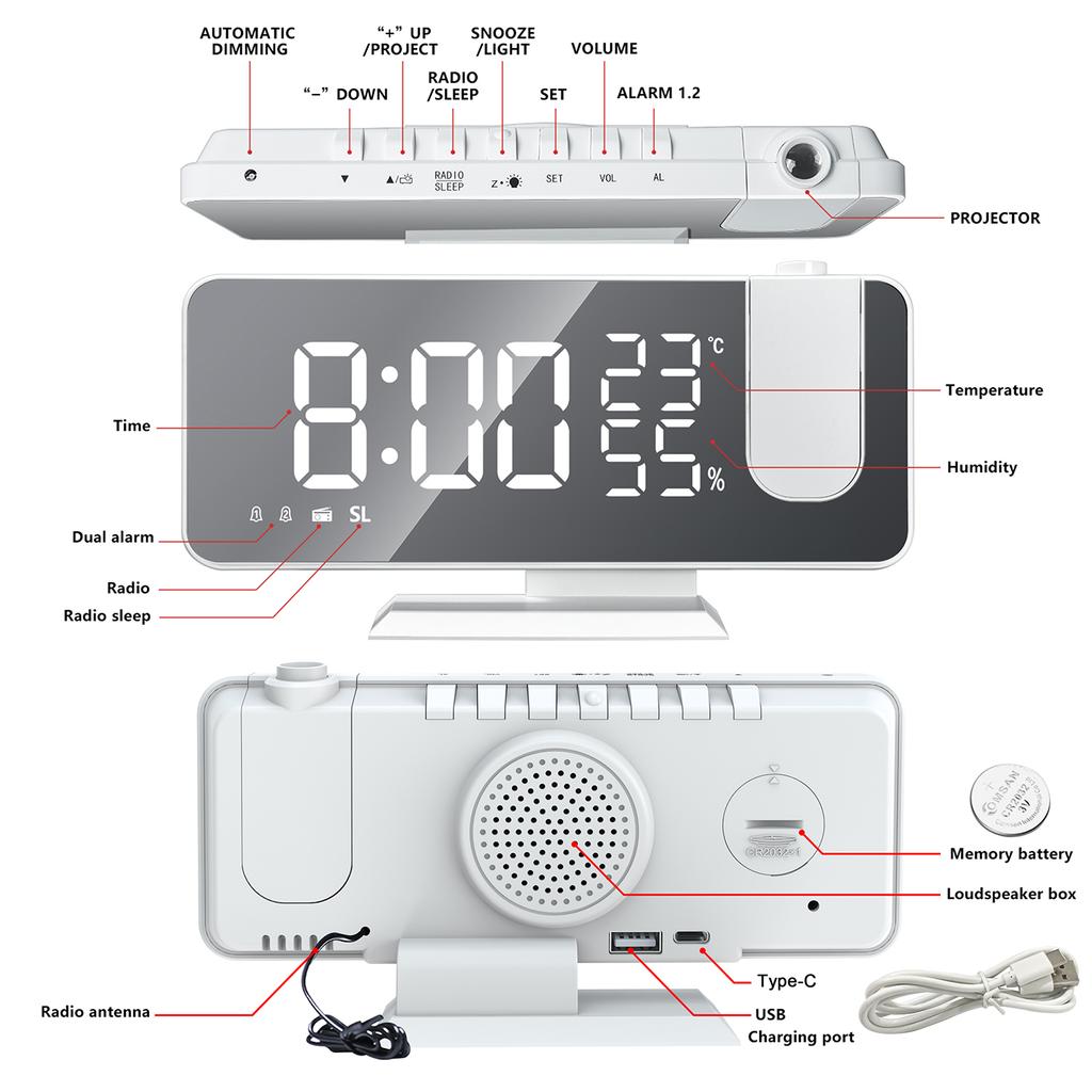 LED Digital Alarm Clock Table Watch Electronic Desktop Clocks USB Wake Up FM Radio Time Projector Snooze Function 2 Alarm