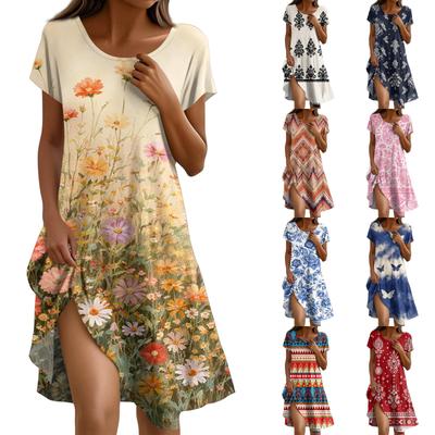Robe bohème à manches courtes pour femme, décontractée, coupe ample, robe d'été à imprimé floral avec poches