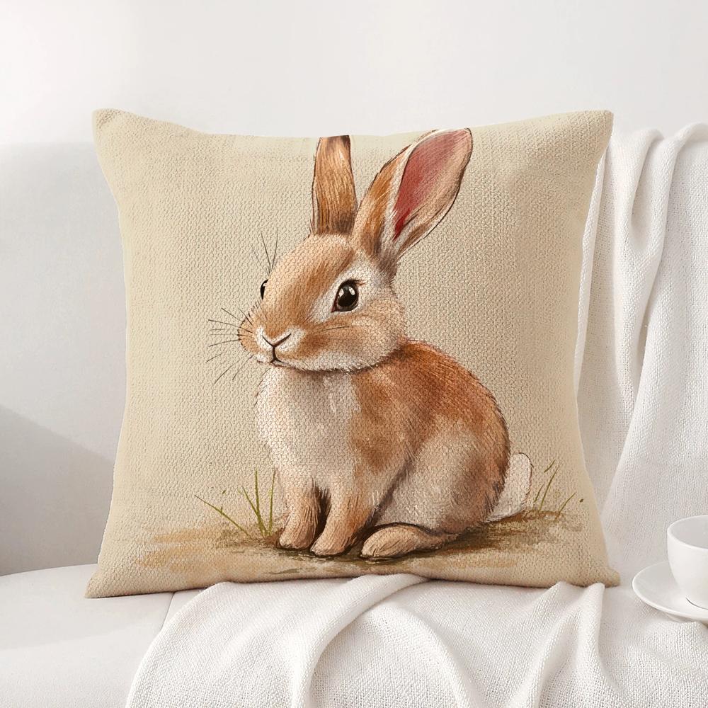 Retro Easter Bunny Cushion Cover Natural Linen Organic Fabric DoubleSided Printing Sofa Home Decor Gift Pillow Cover