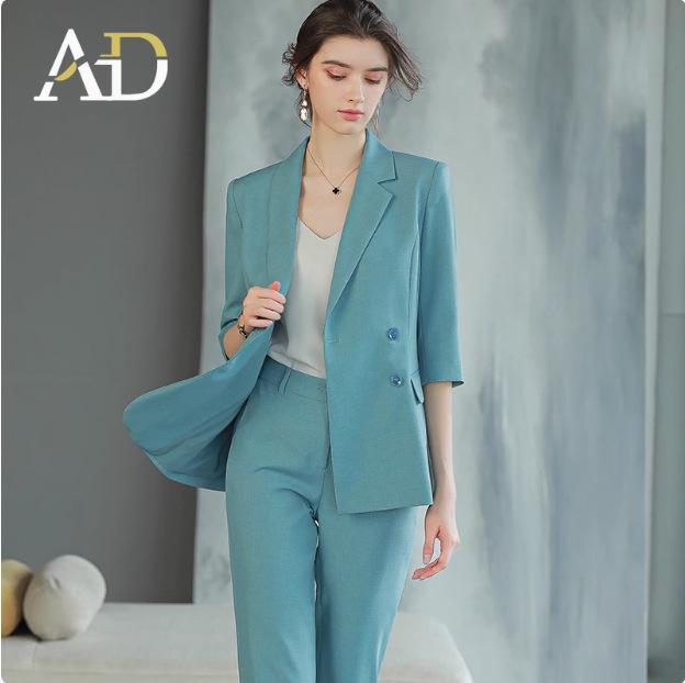 Siebenärmiger Meerblauer Damen Hosenanzug - Temperamentvoller Göttinnen-Stil Zweireihige Arbeitskleidung