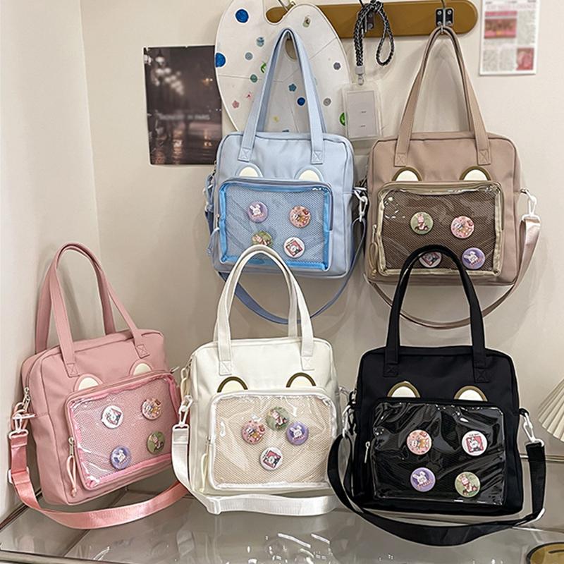 Vielseitige transparente Umhängetasche im japanischen Stil, große Kapazität, Canvas-Umhängetasche, Studententasche, Umhängetasche mit niedlichem Bären im Anime-Stil