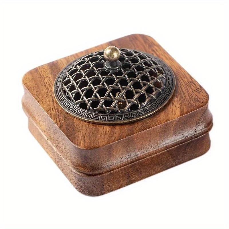 1pc Walnut Zen Tea Ceremony Incense Stove Household Decoration Chinese Indoor Agarwood Fragrance Perfume Hollowed Out with Cover Incense Insert Bottom
