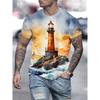 Seaside Lighthouse Sailboat 3D Print T-Shirts Streetwear Men FashionOversized O-Neck Short Sleeved T Shirt Tees Tops Clothing